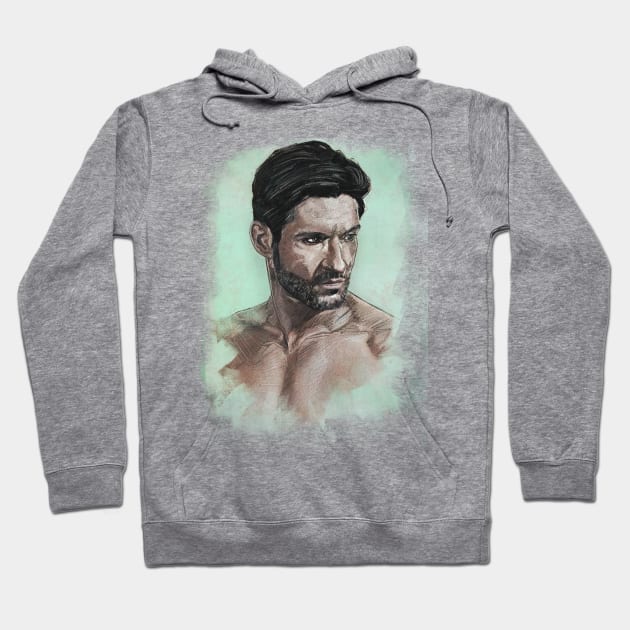 Lucifer Tom Ellis Portrait Hoodie by Elizachadwickart 